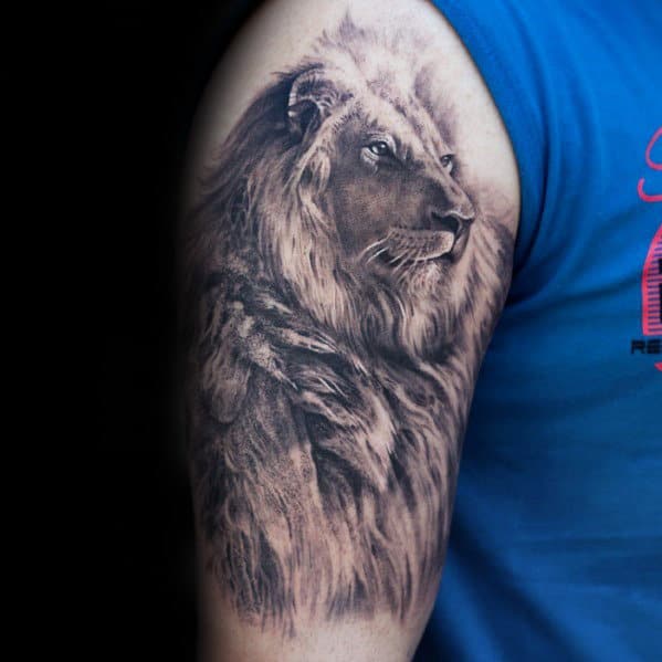 Arm Male Shaded Realistic Lion Tattoo Designs On Arm