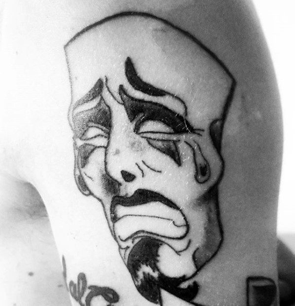 Arm Male Tattoo With Drama Mask Design