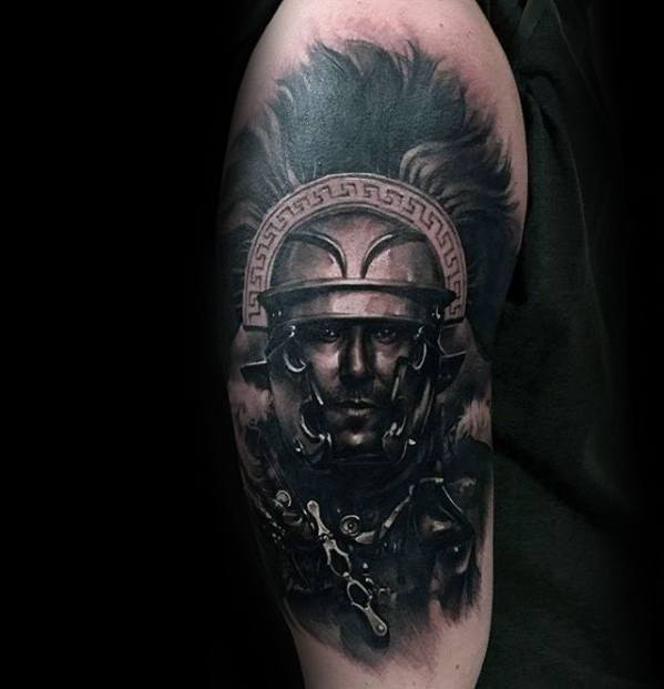 A striking tattoo of a Roman warrior in a detailed helmet, showcasing bold shading and fierce determination