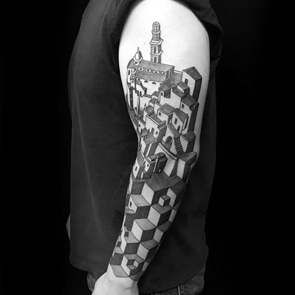 MC Escher-style sleeve tattoo with an impossible cityscape above and interlocking 3D cubes cascading down the forearm.