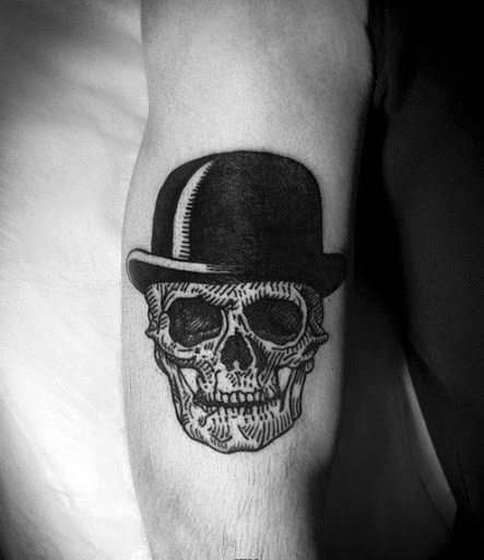Arm Mens Black Top Hat Skull Tattoo Design Ideas