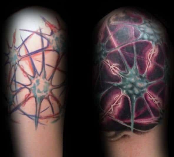 Colorful neuron tattoo on upper arm with electric blue and red axons, glowing green cell bodies, and a dark purple background.