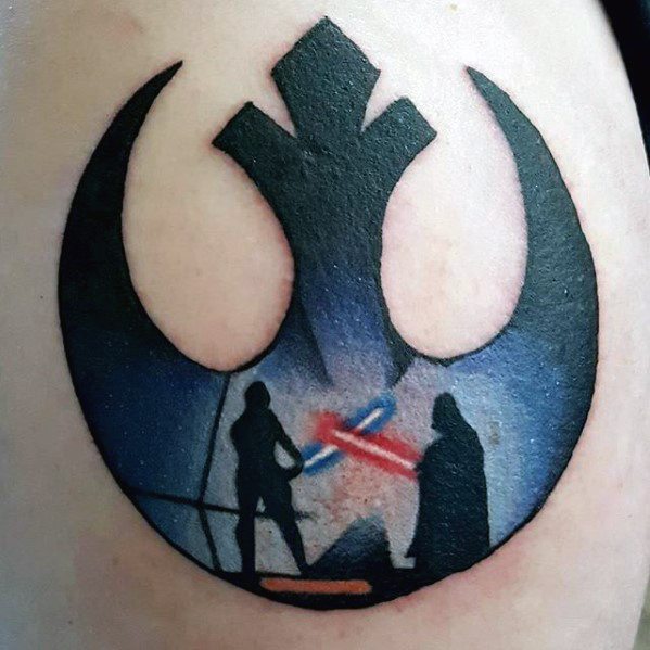 Tattoo of Star Wars Rebel Alliance logo featuring a lightsaber duel between two characters
