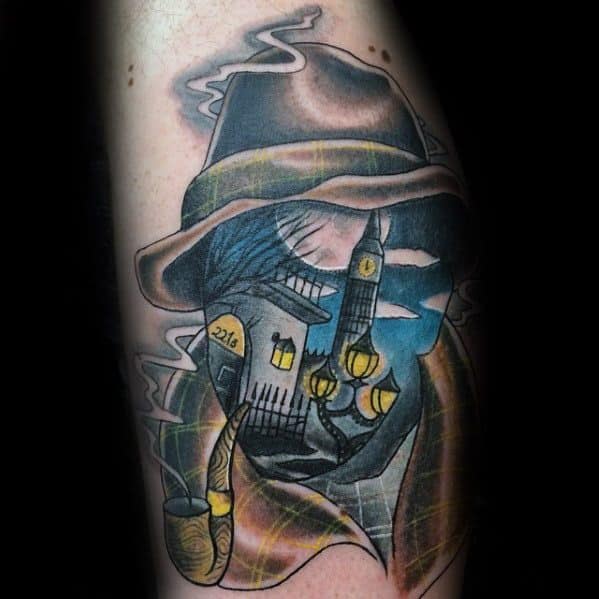 Unique Sherlock Holmes tattoo featuring a pipe, hat, 221B door, and iconic streetlamp details