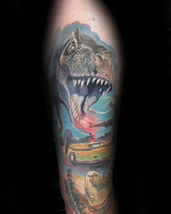 Arm Mens Tattoo Jurassic Park Design