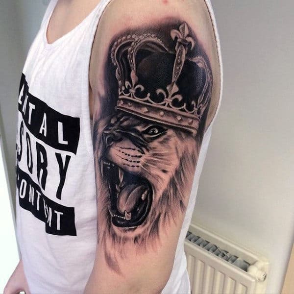 Arm Mens Tattoo Of Lion With Crown Design