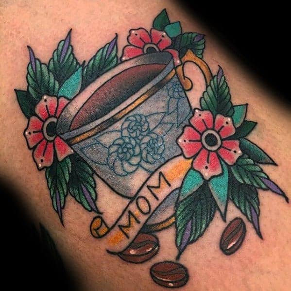 arm-mens-traditional-mom-banner-with-coffee-cup-tattoo-design-inspiration