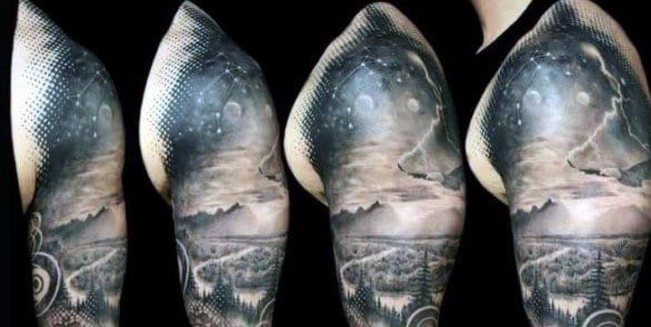 Arm Mountain Side Tattoo On Men