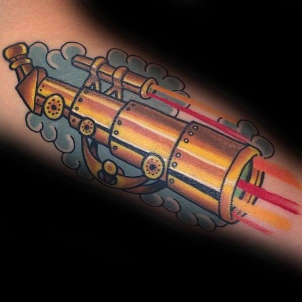 Vibrant tattoo of a golden telescope with clouds and red beams, symbolizing exploration and vision
