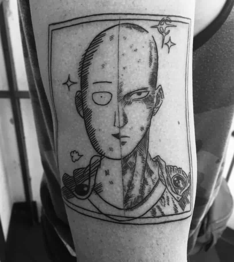 A black and white tattoo of Saitama from One Punch Man, split into two styles—cartoonish on one side and detailed on the other