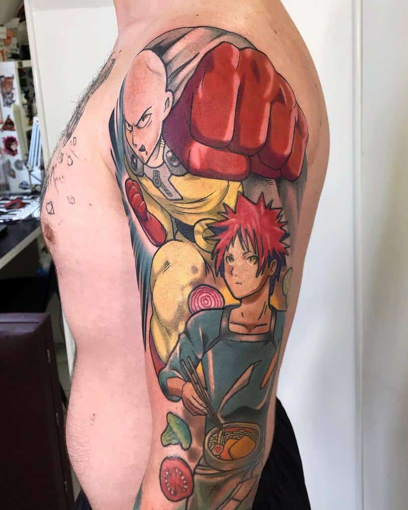 A vibrant full-sleeve tattoo featuring Saitama from One Punch Man throwing a punch, alongside Soma Yukihira from Food Wars! preparing ramen