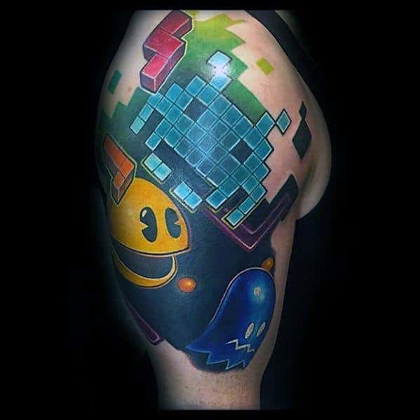 Arm Pacman With Tetris Tattoo Ideas For Males