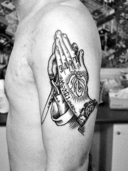 Arm Praying Hands Switchblade Tattoo Design Ideas For Males