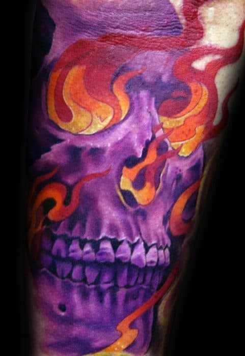 Arm Purple Flaming Skull Male Tattoo Designs