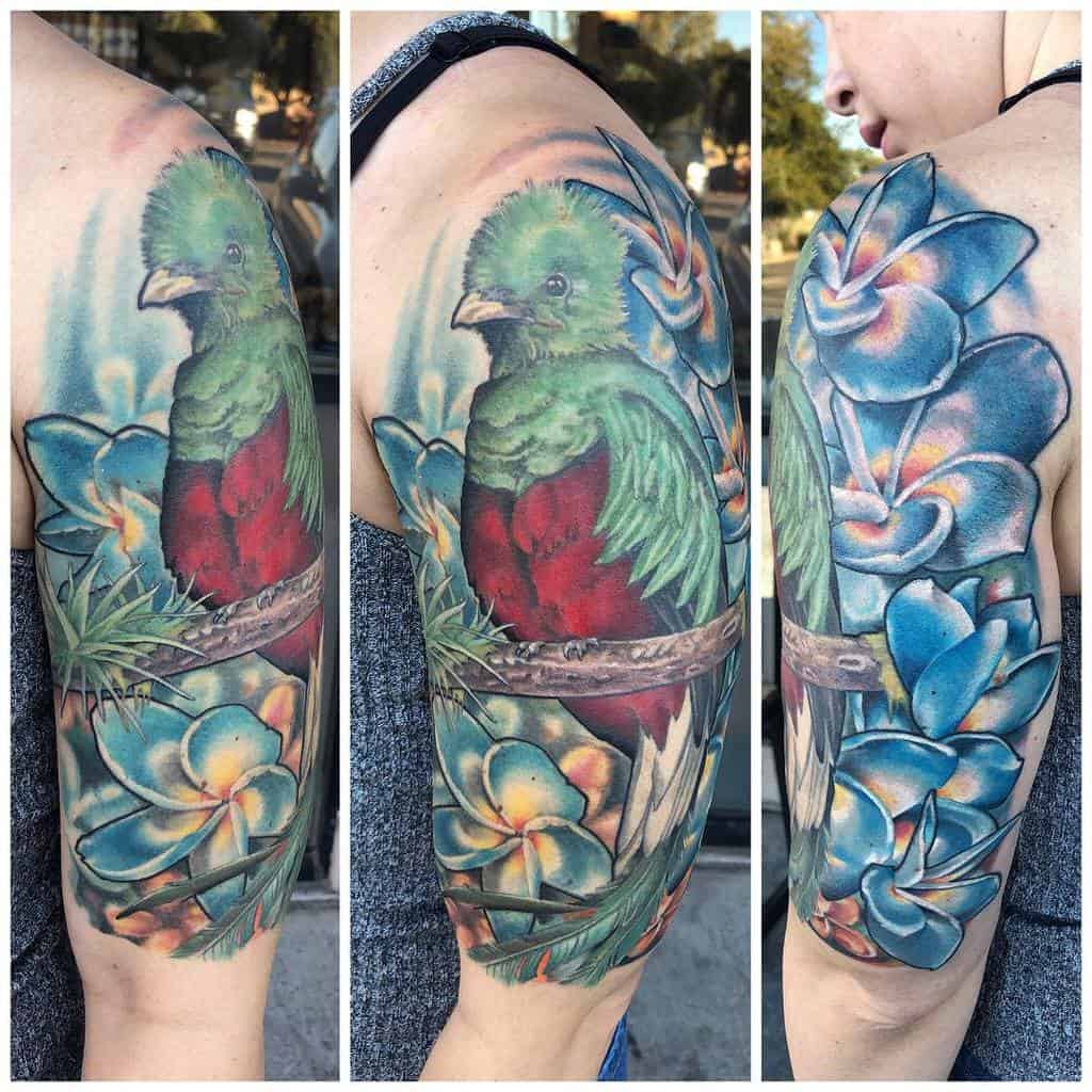 Colorful quetzal tattoo with vibrant flowers on a shoulder and upper arm