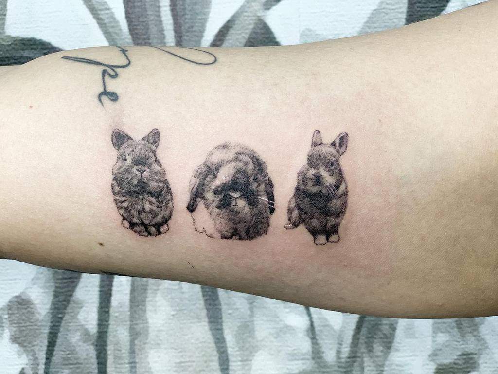 Realistic black and gray tattoo of three different bunnies, each captured in a detailed and lifelike pose, arranged in a row