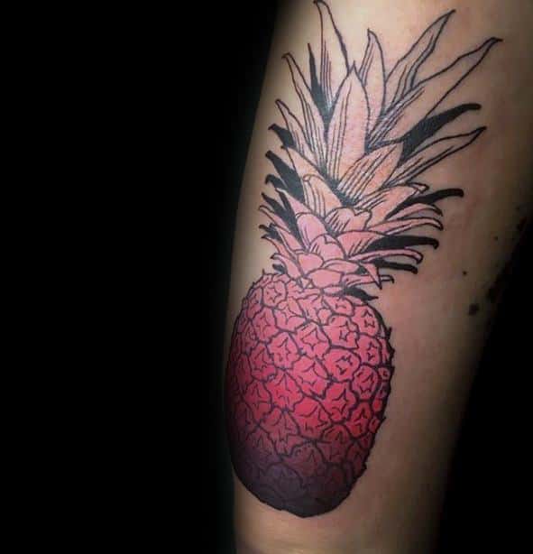Arm Red And Black Ink Male Tattoo With Pineapple Design