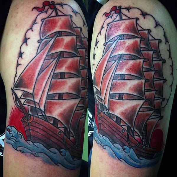 Arm Red And Blue Sailing Ship Male Tattoo