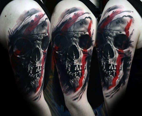 Arm Red And Grey Badass Skull Tattoo Ideas On Guys