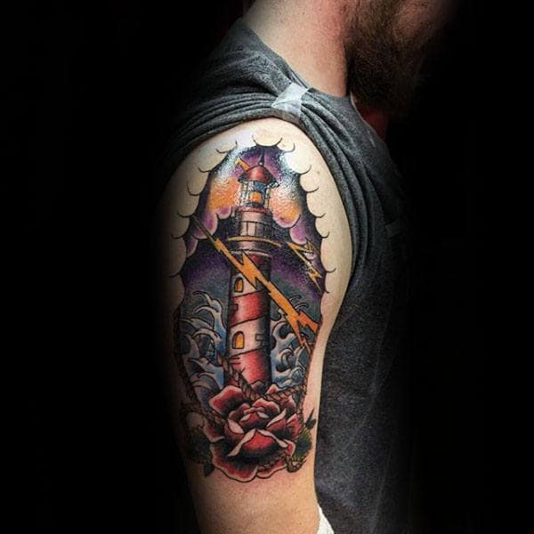 Arm Red Rose Flower With Traditional Lighthouse Tattoos For Guys