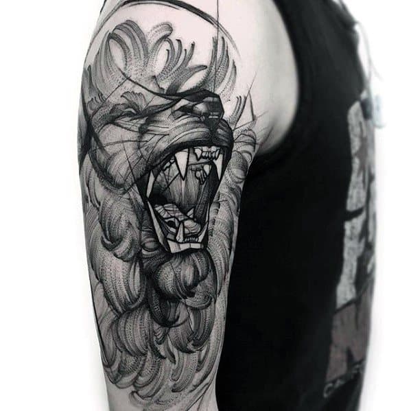 Arm Roaring Lion Mens Sketch Tattoo