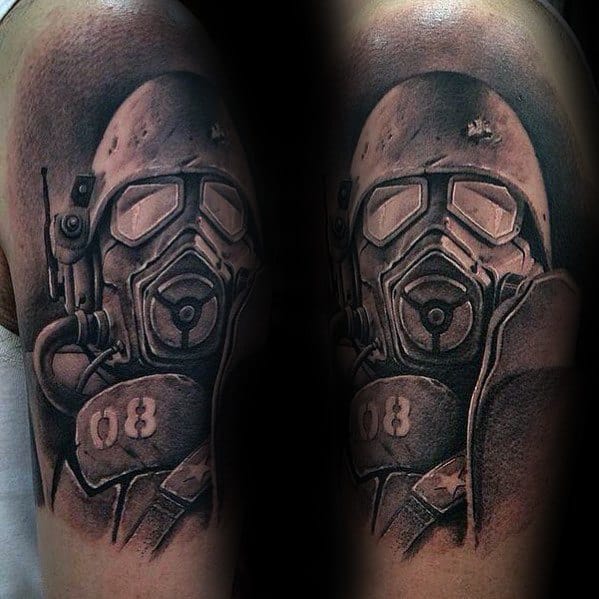 Arm Shaded Black And Grey Ink Fallout Male Tattoo