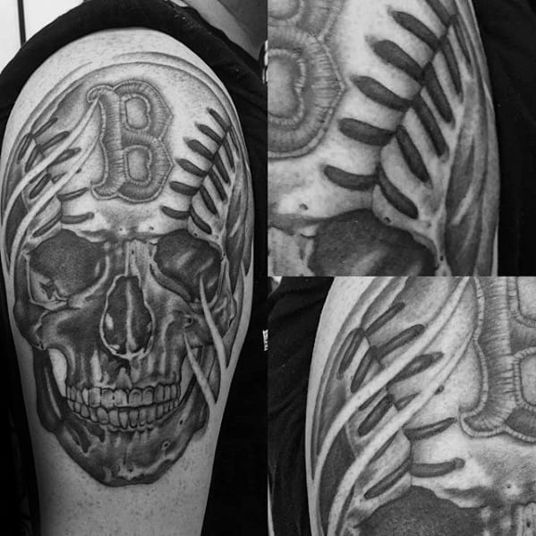 Arm Shaded Black And Grey Skull Baseball Boston Red Sox Male Tattoo Ideas