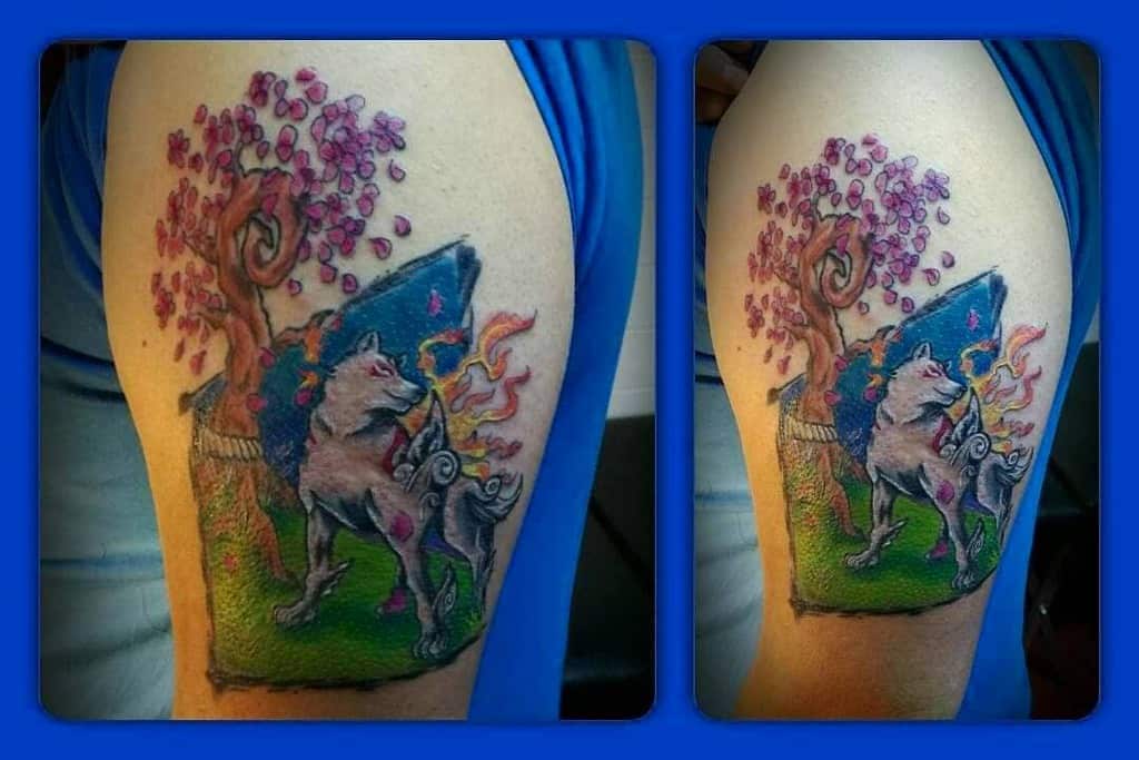 A colorful Okami wolf tattoo with cherry blossoms, capturing a serene and dreamlike forest setting