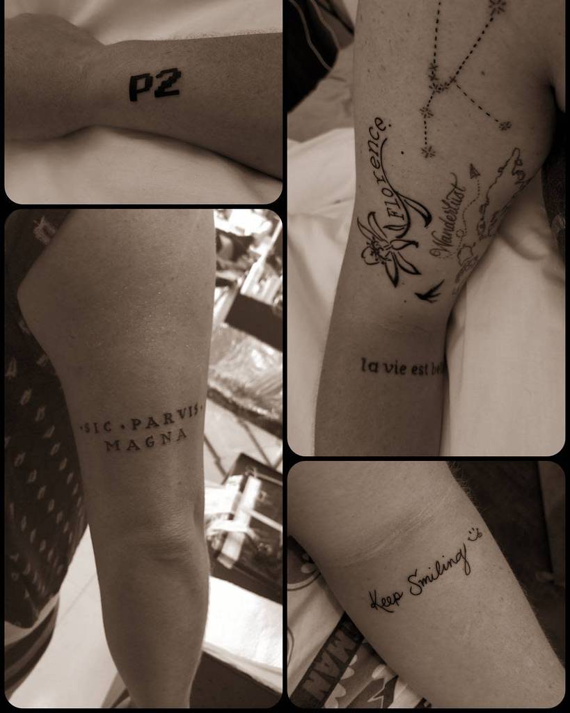 Collage of arm tattoos featuring text and decorative designs in various styles
