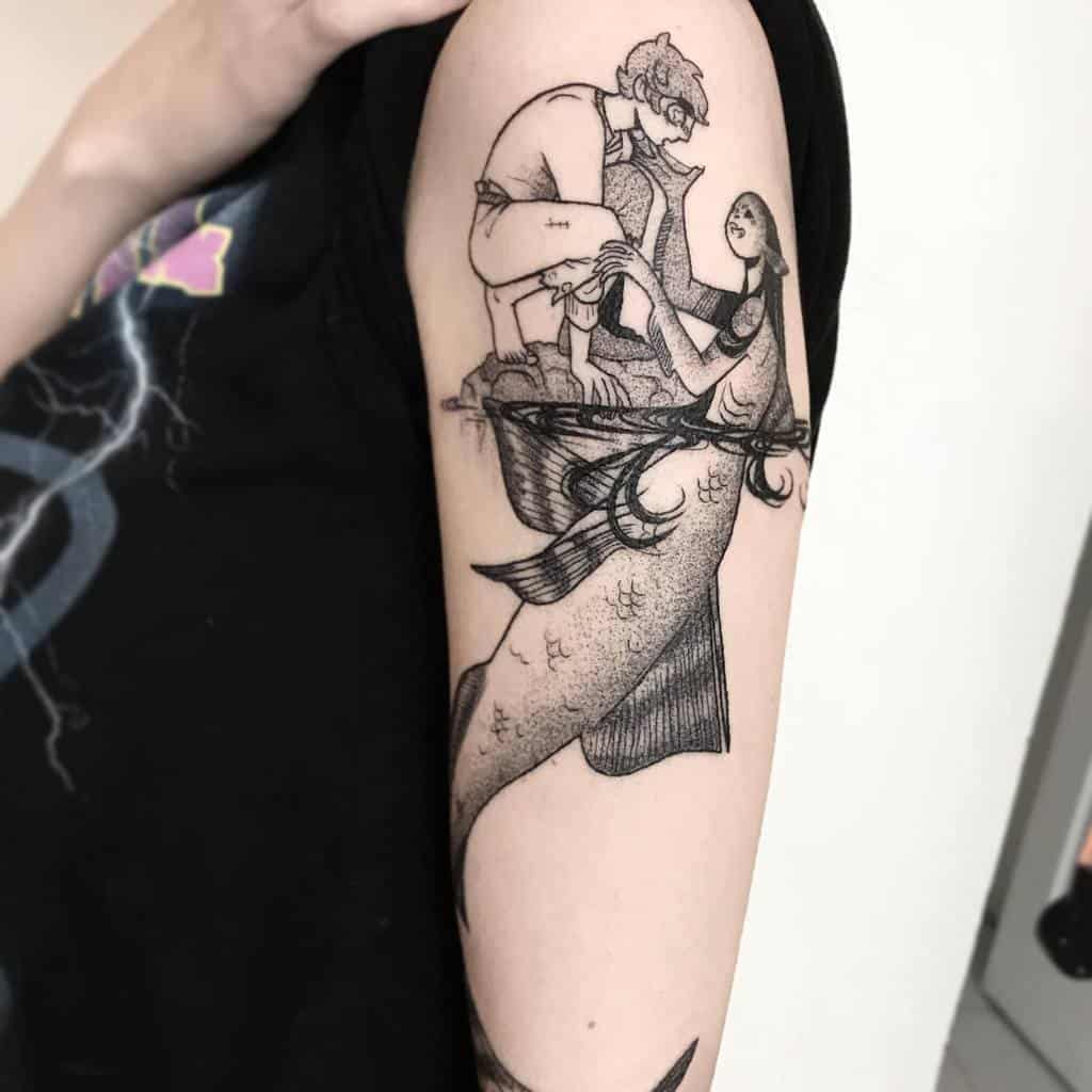 Unique arm tattoo of a siren and a sailor in a boat, designed with intricate details and dot shading
