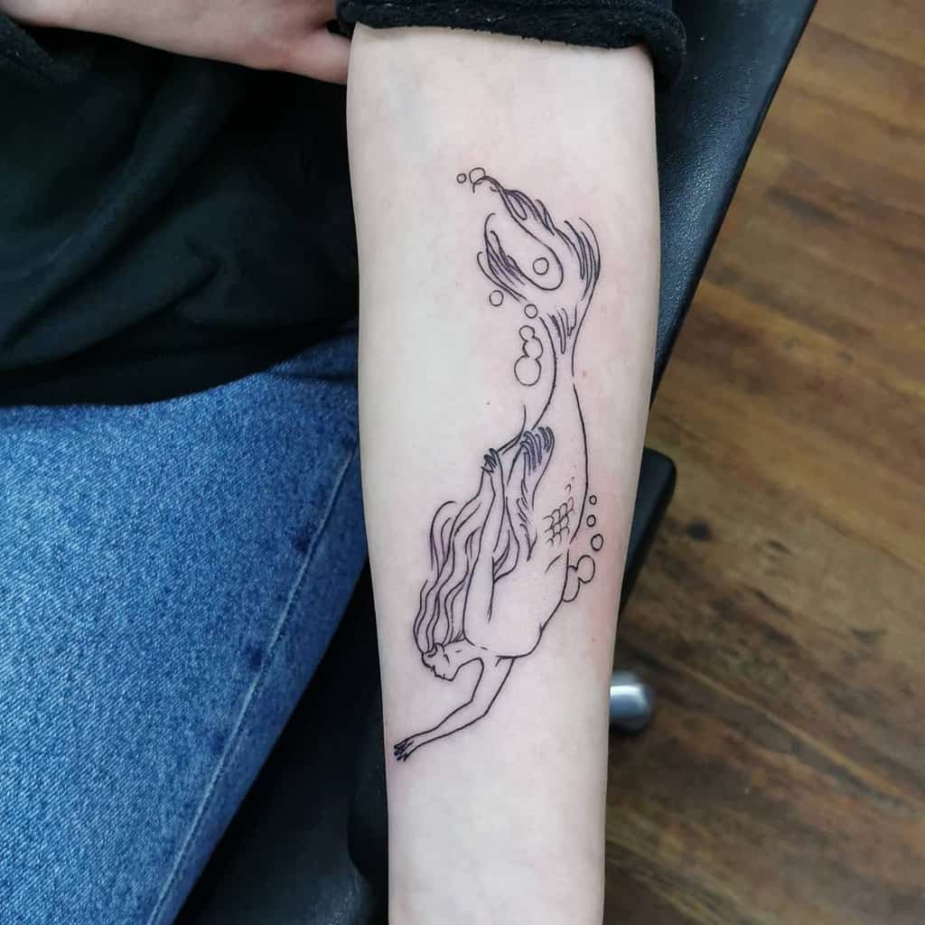 Line art siren tattoo on a forearm, featuring flowing hair and bubbles