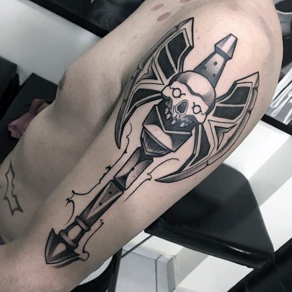 Arm Skull With Bat Wings And Axe Tattoo Ideas On Guys