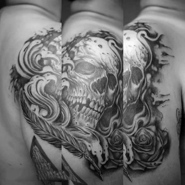 Arm Skull With Rose Flower And Quill Mens Tattoo Ideas