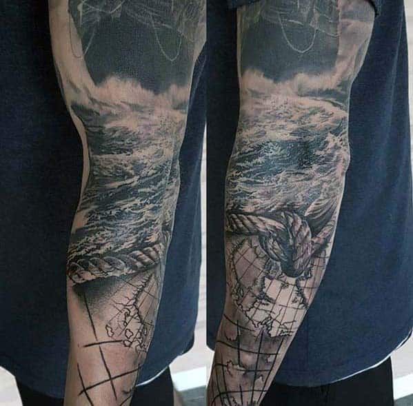 Arm Sleeve Guys Rope With Ocean Sea Nautical Themed Sleeve Tattoo