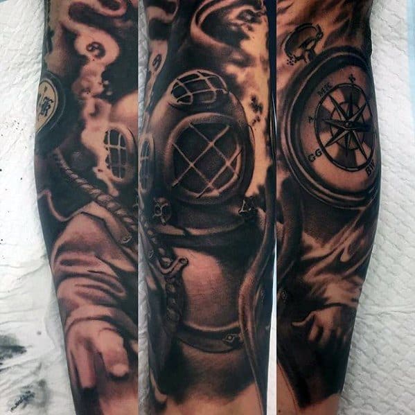 Arm Sleeve Heavily Shaded Black And Grey Ink Diving Helmet Male Tattoo Ideas