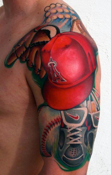 Vibrant tattoo sleeve featuring a red baseball cap, glove, ball, cleats, and bat, celebrating a love for baseball in full color.