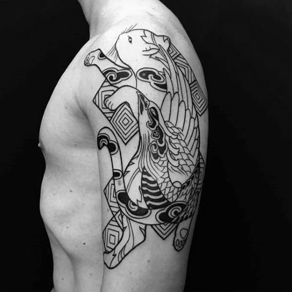 Blackwork surreal tattoo featuring an abstract koi fish intertwined with geometric patterns and flowing tribal-style elements.