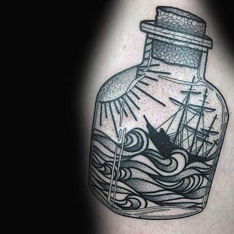 Arm Tattoo Of Ship In A Bottle Dotwork Design For Men