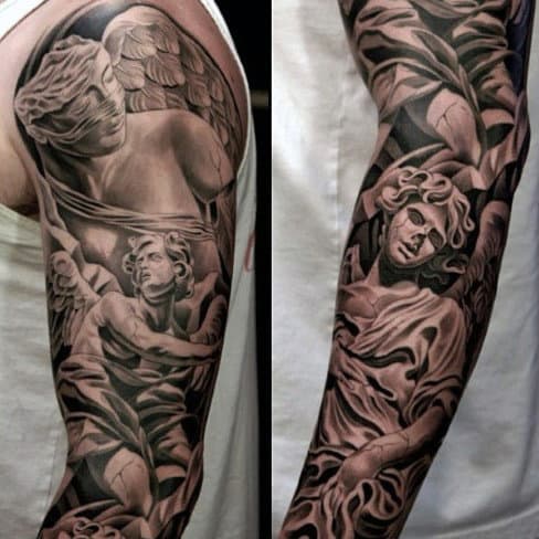 Sleeve tattoo of classical statues and angels in intricate, shaded black and grey design