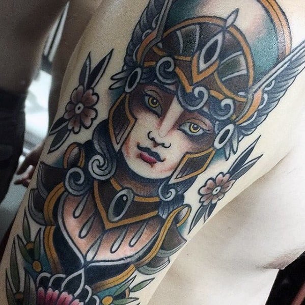 Arm Traditional Sharp Valkyrie Male Norse Mythology Tattoo Ideas