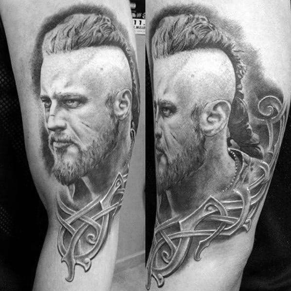 Ragnar Lothbrok tattoo on the forearm with a detailed side profile, featuring Nordic knotwork below
