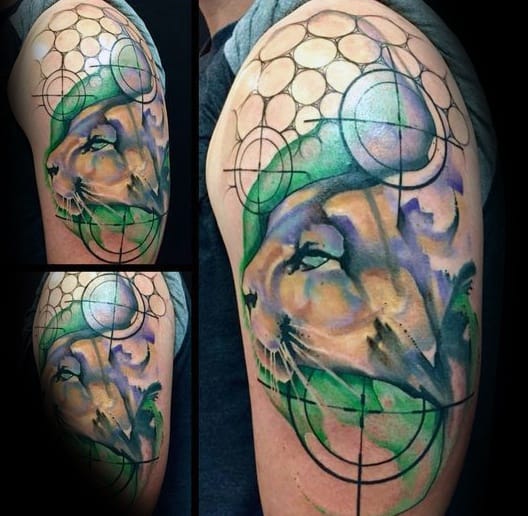 Arm Watercolor Geometric Mountain Lion Guys Tattoo Ideas