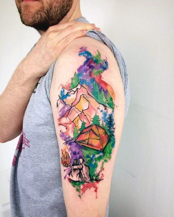 Arm Watercolor Nature Landscape Tent Tattoos For Men