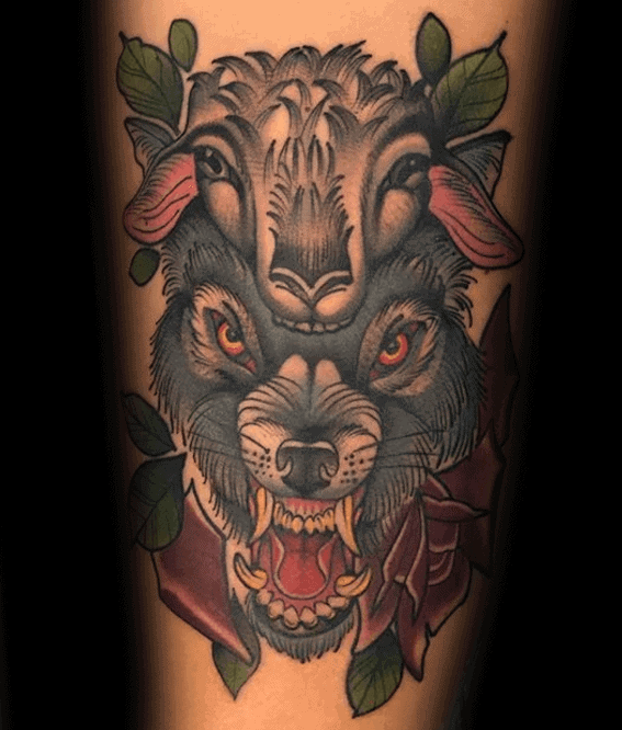Tattoo of a wolf with a snarling expression underneath a sheep's head, surrounded by leafy branches and a rose
