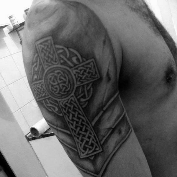 Armor Half Sleeve Celtic Cross Plate Mens Tattoos