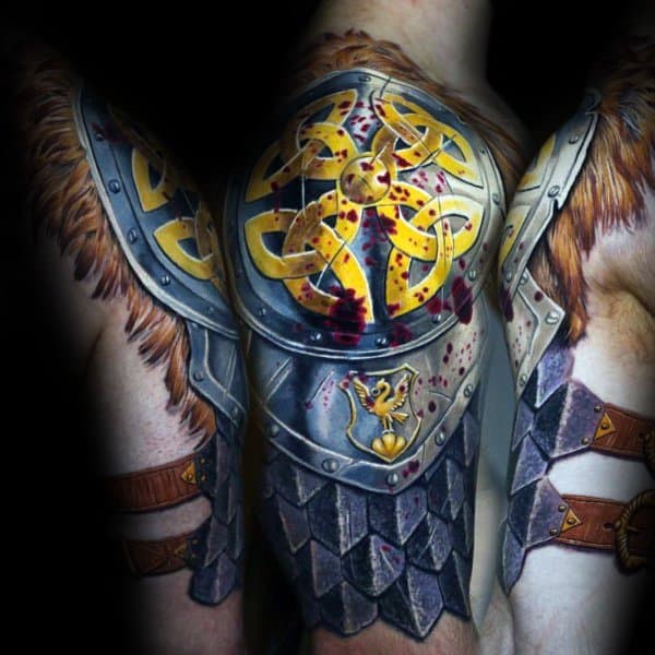 Realistic 3D tattoo of Viking-inspired armor with fur, blood splatter, and knotwork, symbolizing battle readiness, Norse heritage, and warrior pride.