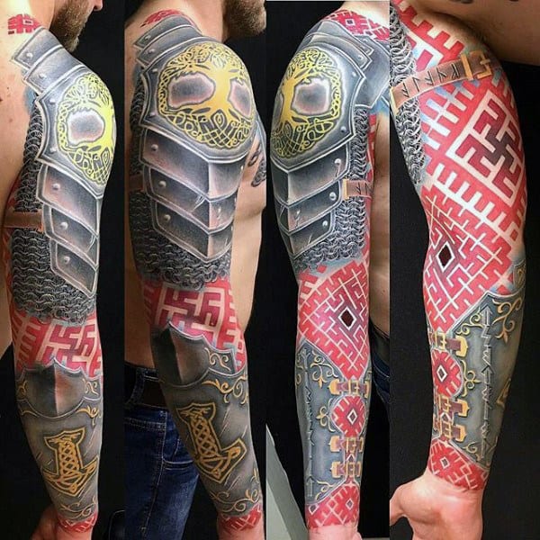 Armor Plate Sleeve Tattoo For Men With Red Ink Patterns
