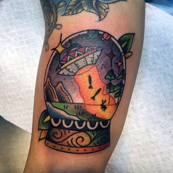 Arms Manly Crystal Ball Alien Spaceship Tattoo Design Ideas For Men
