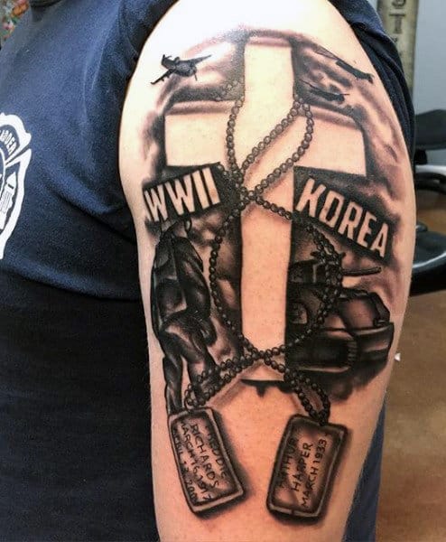 Army Dog Tags Tattoos On Men On Upper Arm