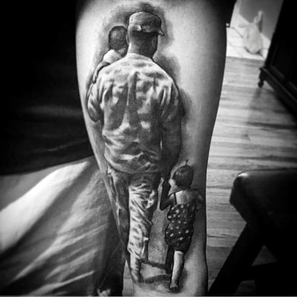 Army Solider Walking With Children Male Inner Forearm Tatto